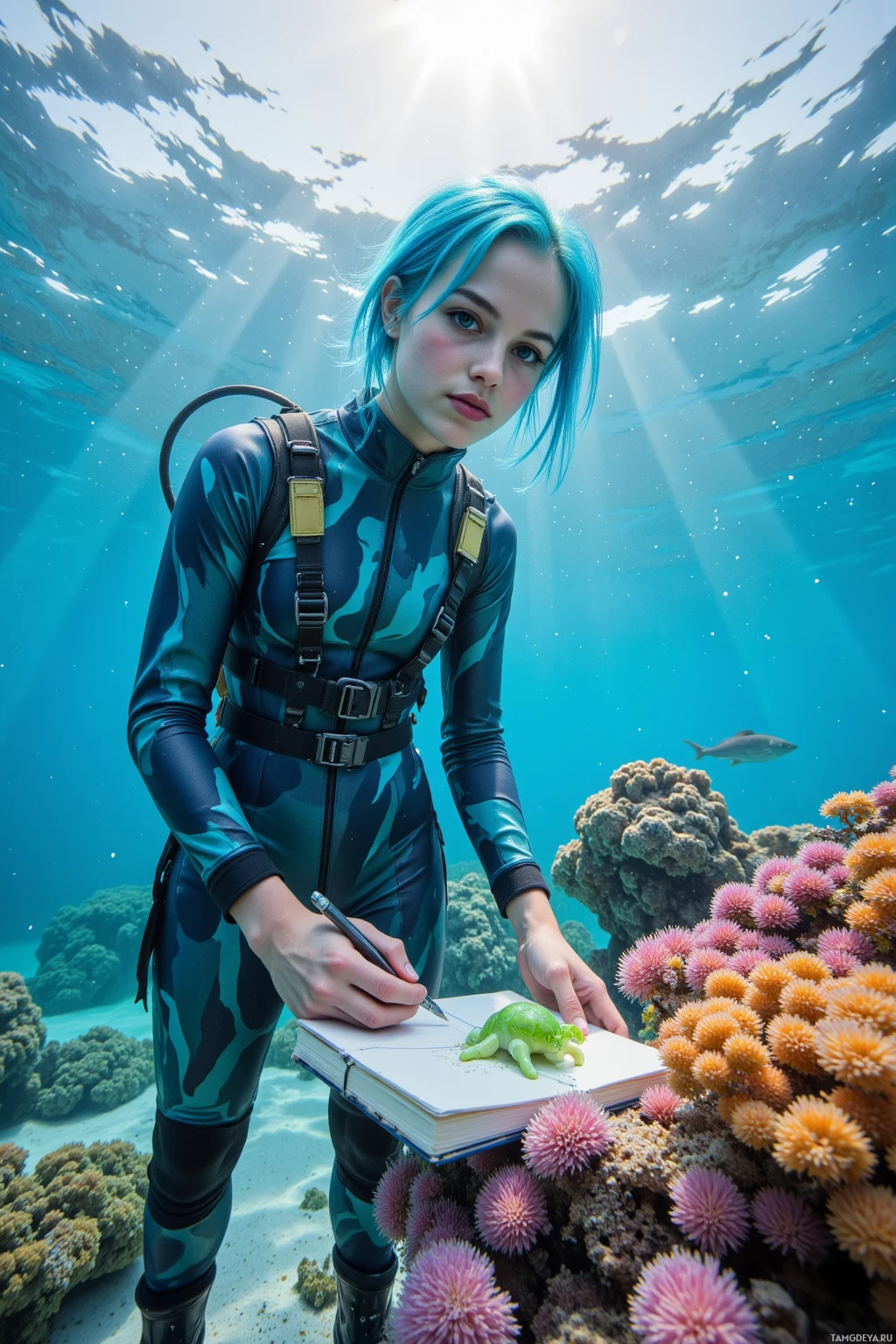 A person in a wetsuit underwater, holding a book and pen, surrounded by coral.