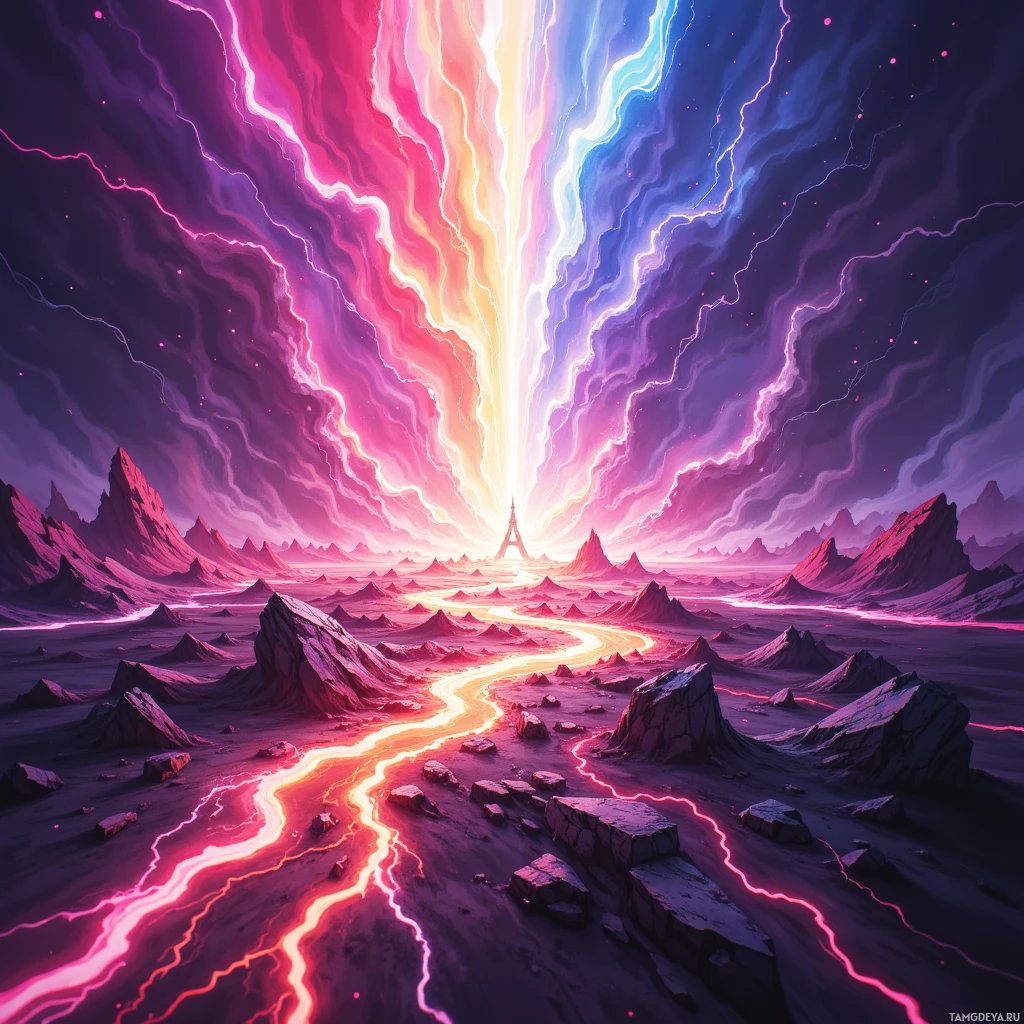 A vibrant, fantastical landscape featuring a glowing river, jagged mountains, and a radiant sky with streaks of light.