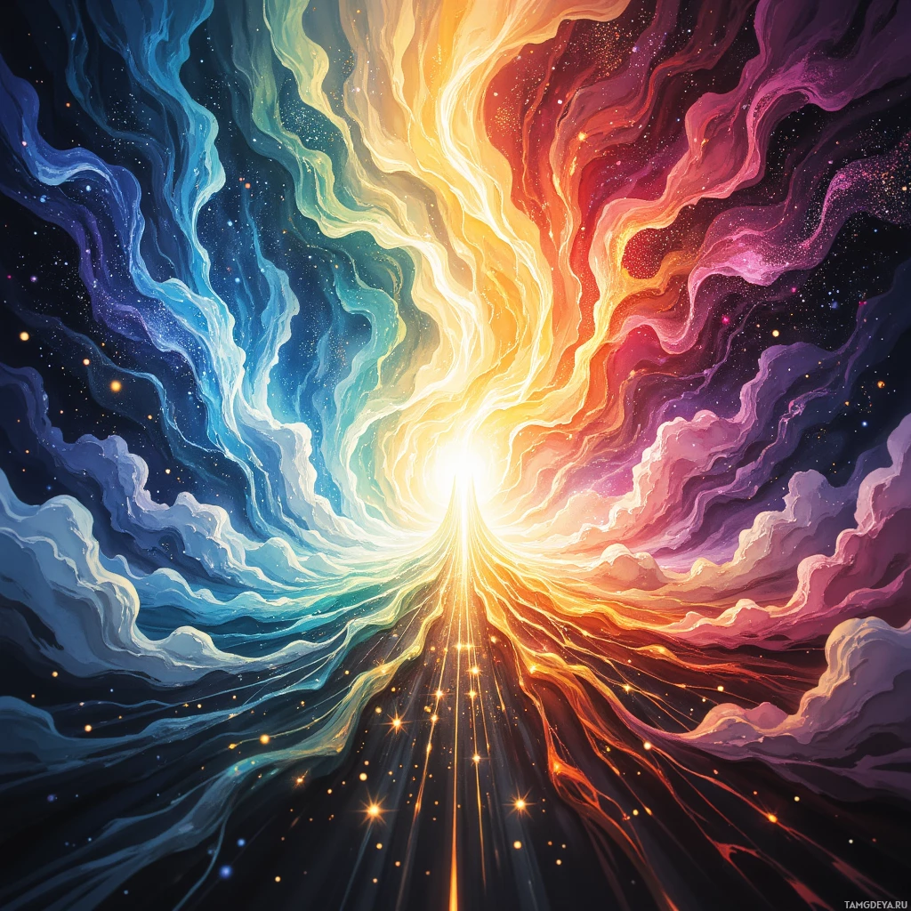 A vibrant, abstract cosmic scene with swirling colors and radiant light.