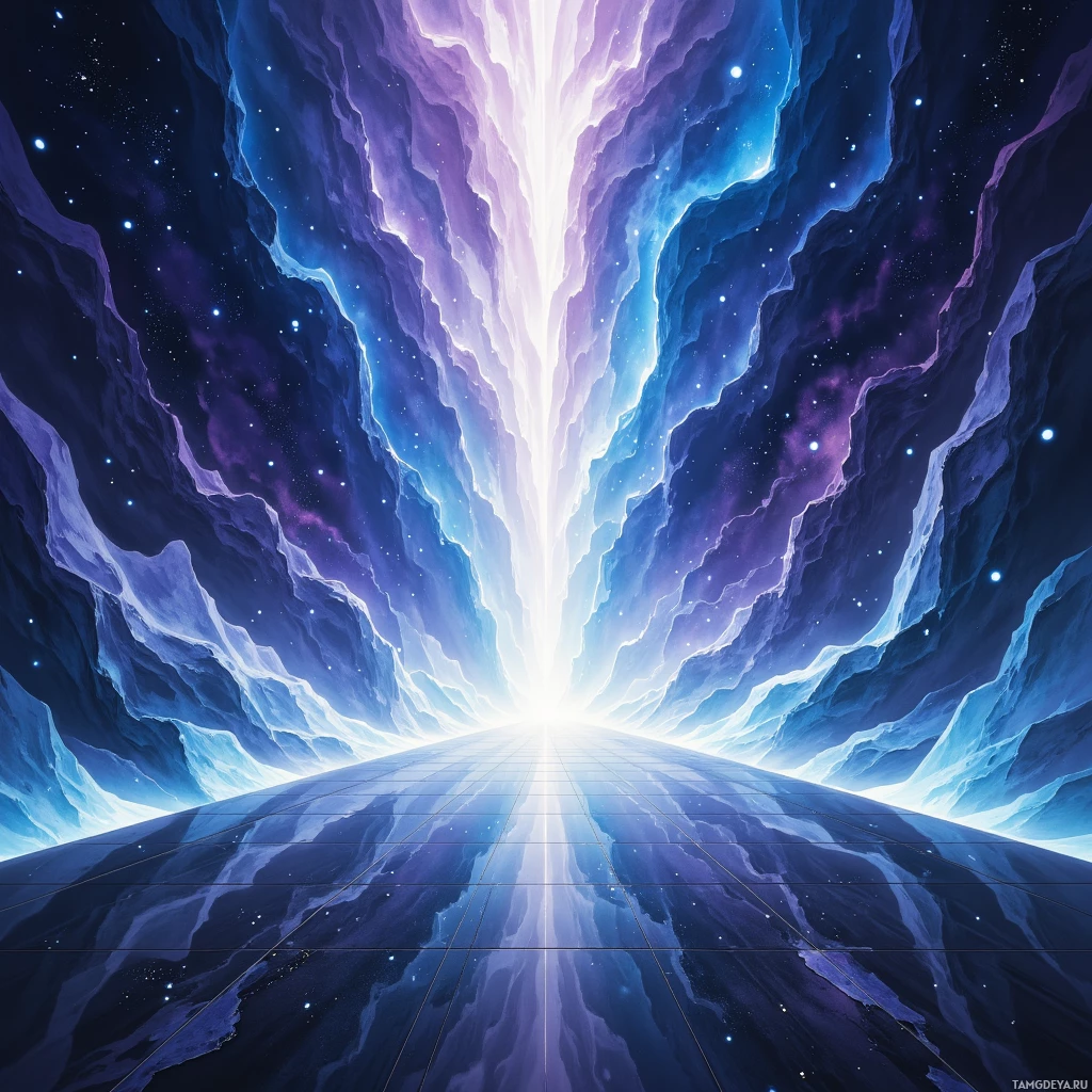 A cosmic scene with a radiant light source at the center, surrounded by swirling nebulae and stars.