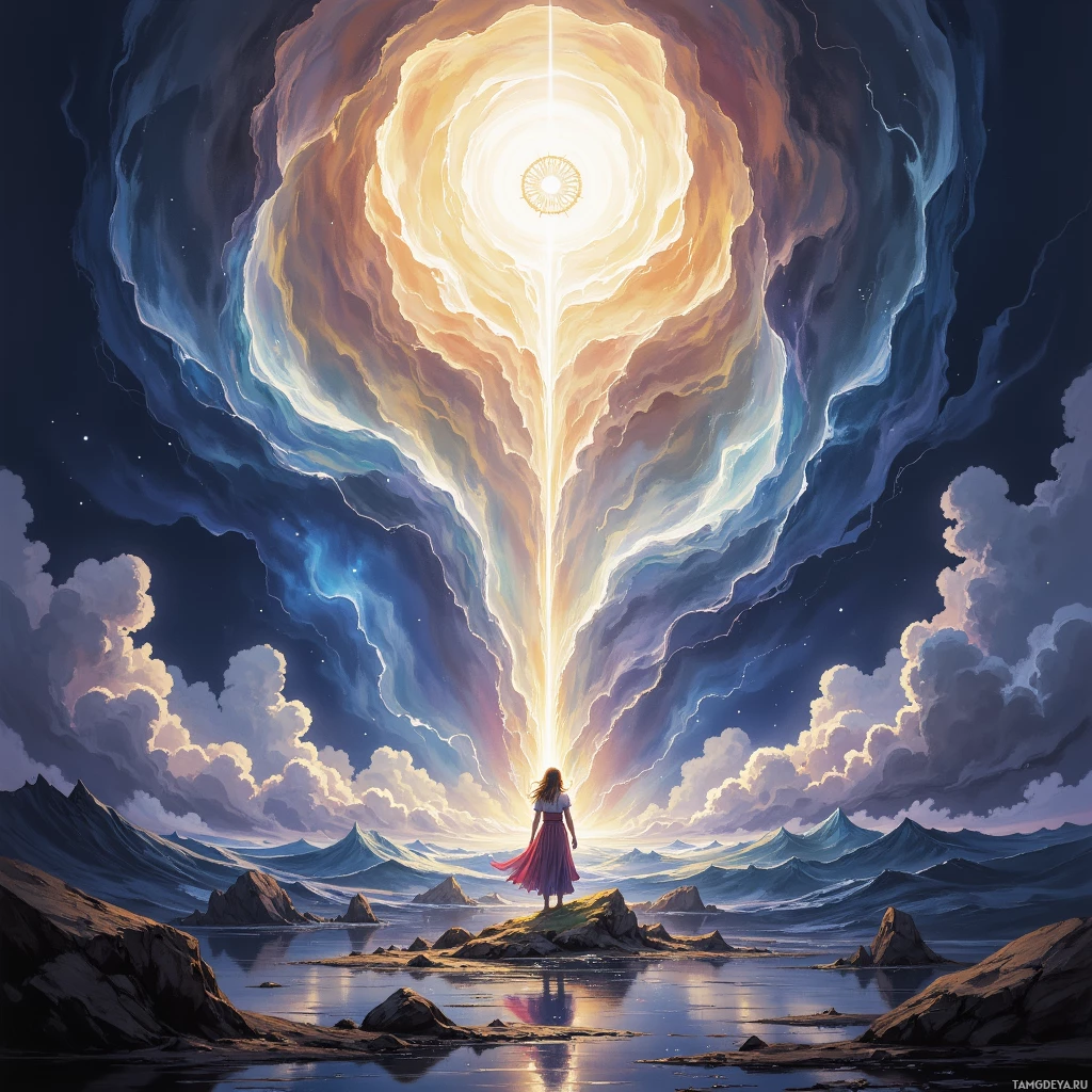 A person stands on a rocky island, gazing at a radiant, ethereal light source in the sky.