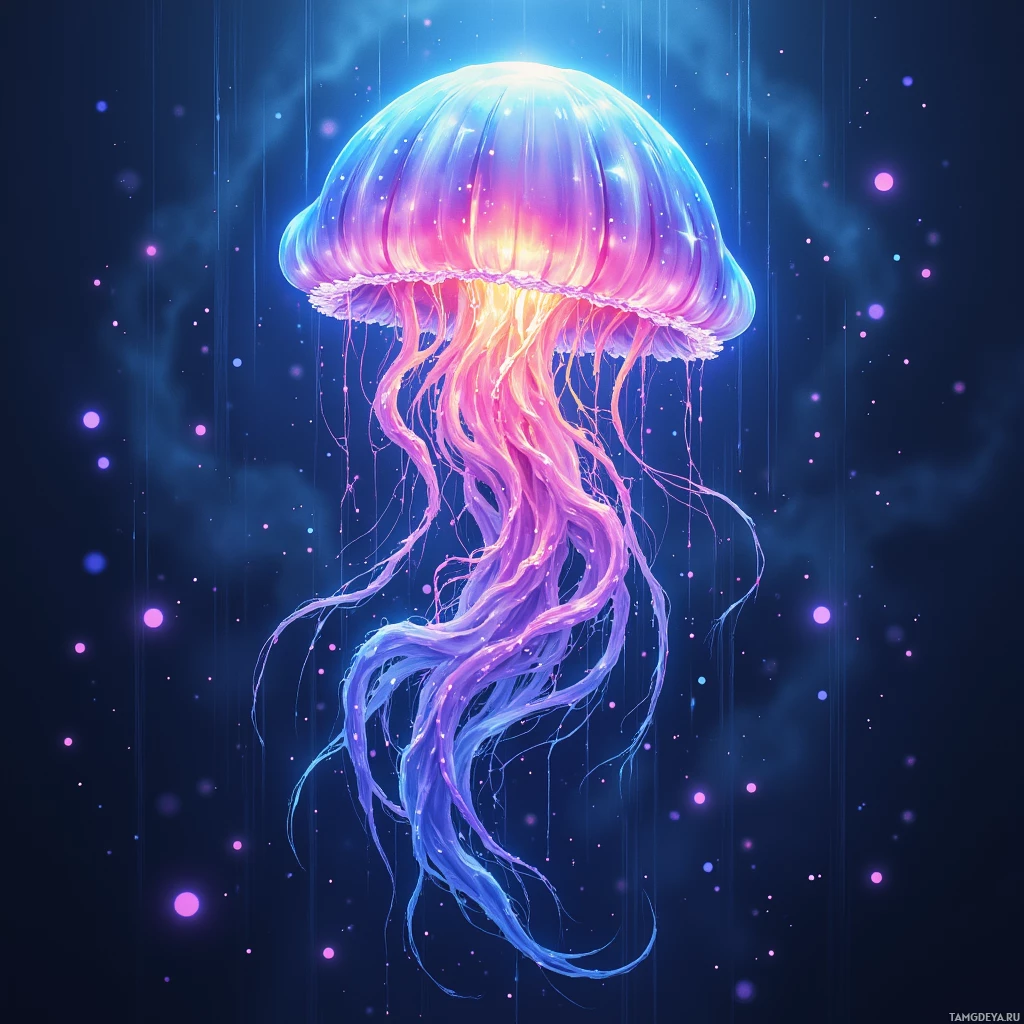 A glowing jellyfish with vibrant blue and pink hues against a dark, starry background.