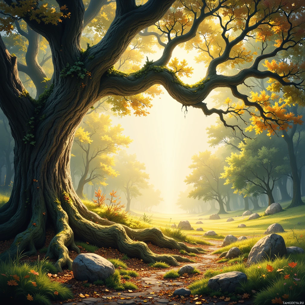 A serene forest scene with a large tree and sunlight filtering through the leaves.