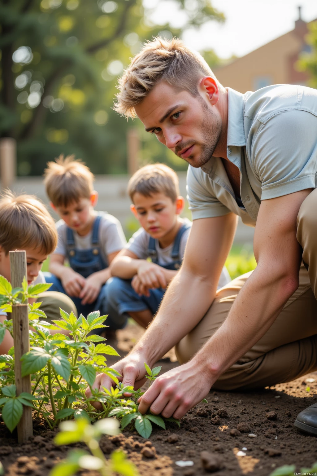 A man and three children are planting a small tree in a garden.