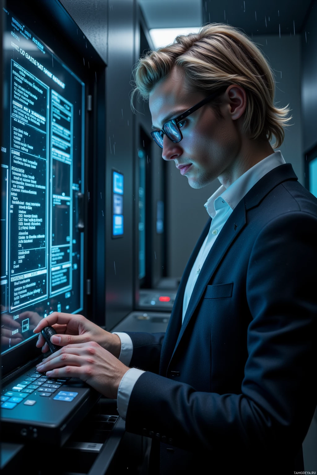 A man in a suit and glasses is working at a computer with a futuristic interface.