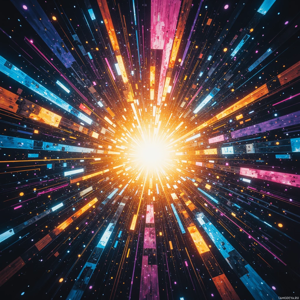 A vibrant, abstract digital artwork featuring radiating lines and glowing particles in a cosmic, starburst pattern.