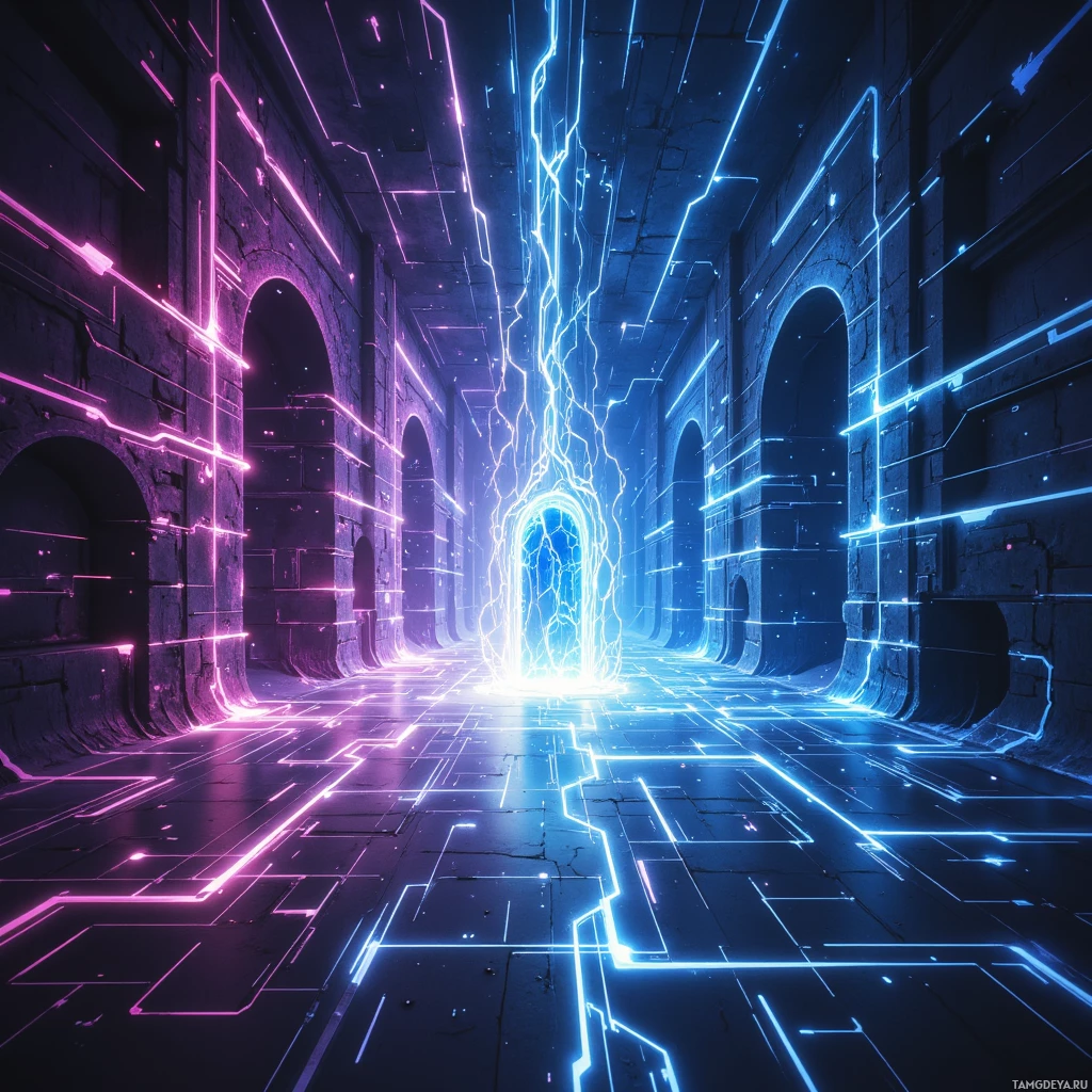 A futuristic corridor with glowing neon lines and arches.