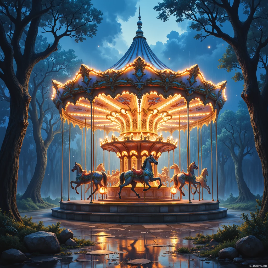 A beautifully illuminated carousel with ornate horses and golden lights in a serene forest setting.