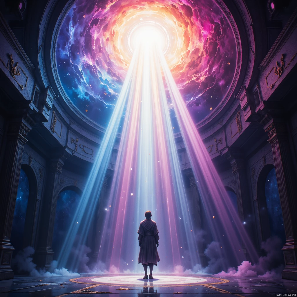 A person stands in a grand, ornate hall under a radiant, cosmic sky with beams of light descending.