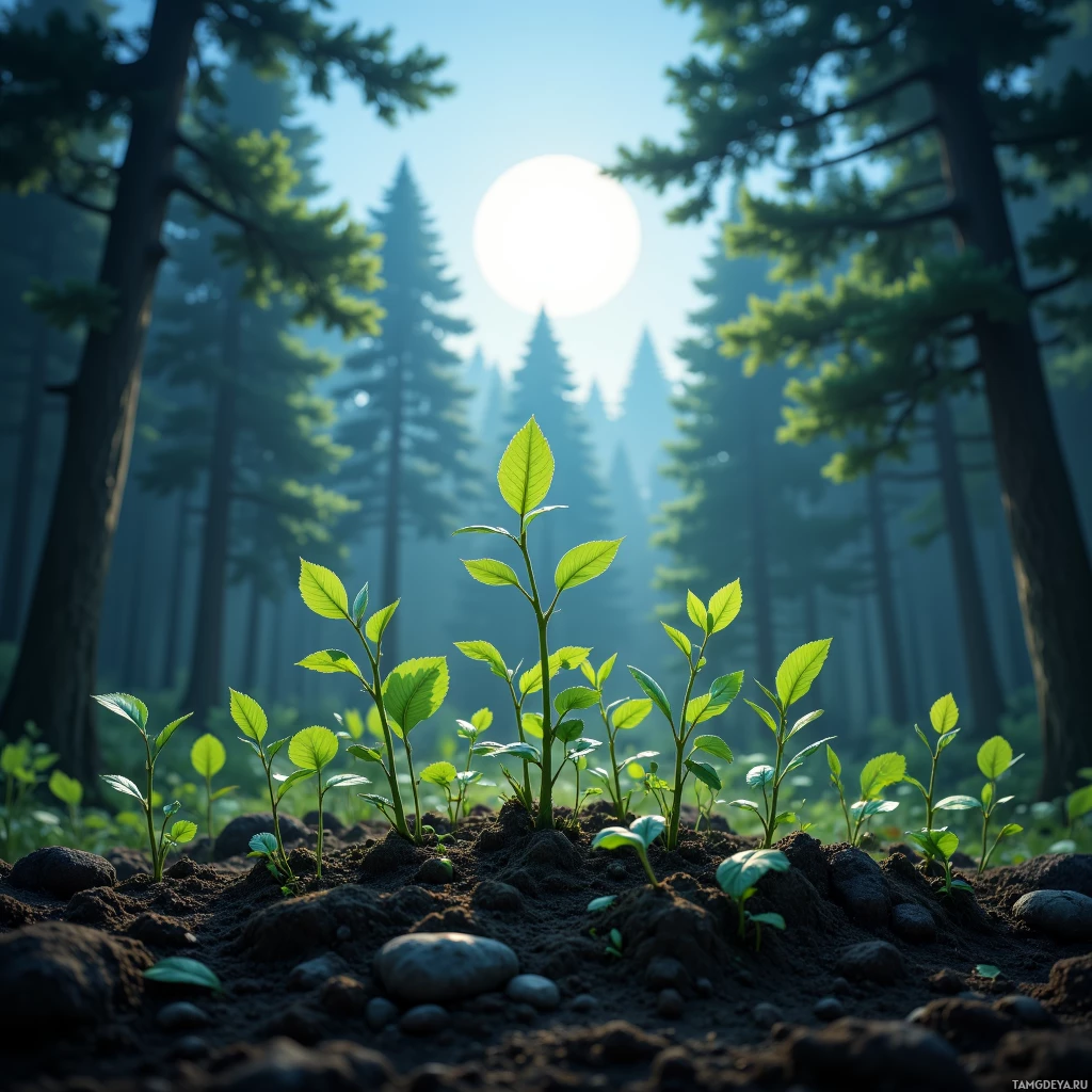 A serene forest scene with young green plants sprouting from the soil in the foreground, set against a backdrop of tall trees and a bright sun.