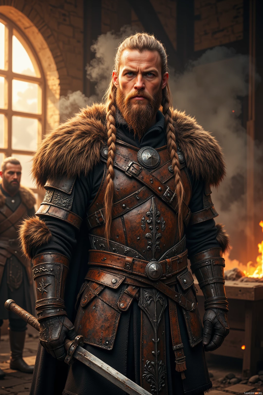 A warrior in detailed medieval armor stands in a smoky environment.