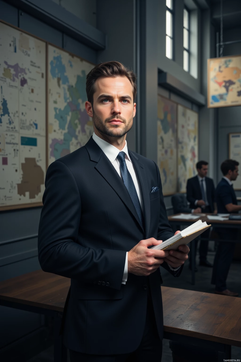 A man in a suit holds a book in a room with maps on the wall.