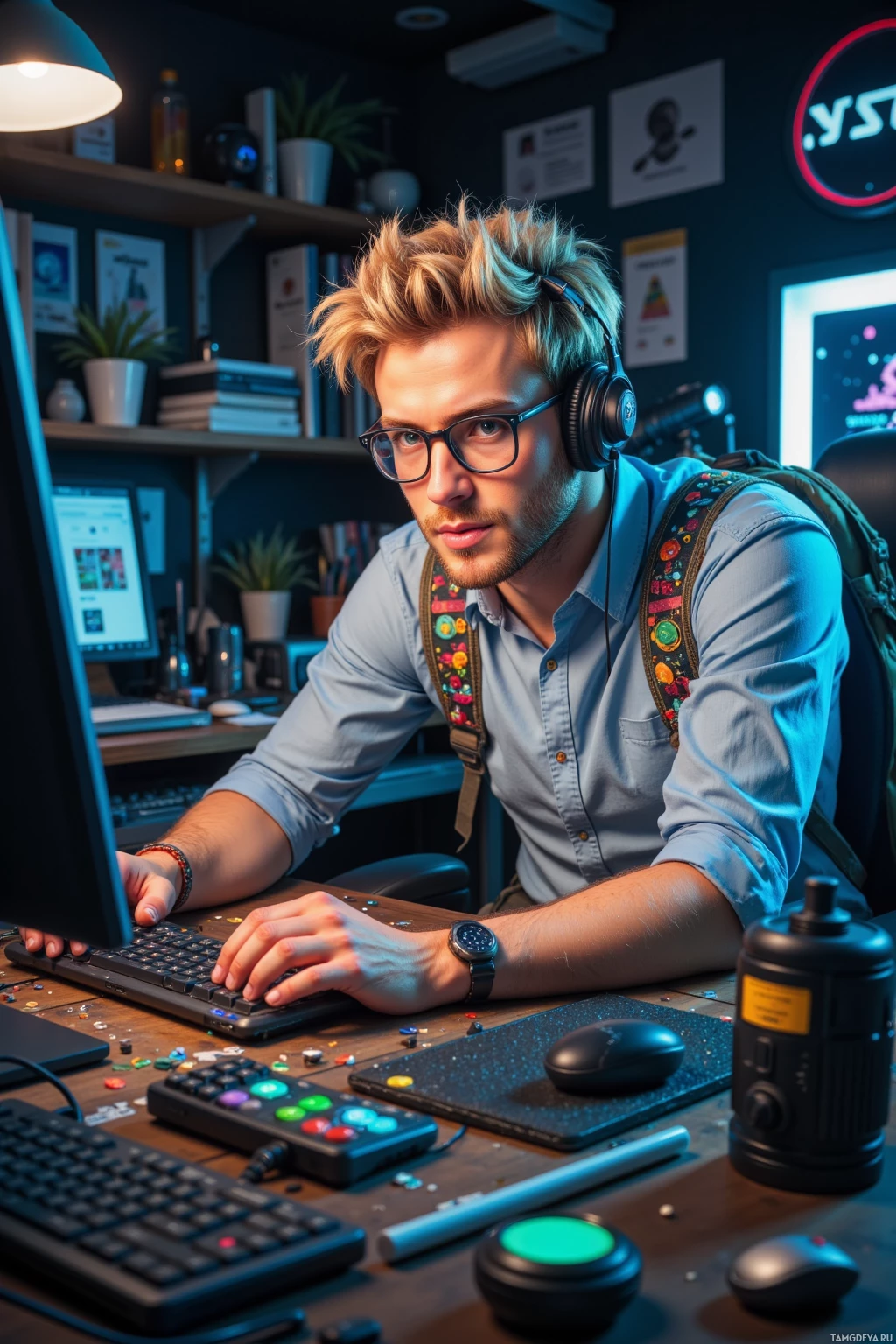 A person wearing headphones and glasses is working at a desk with a computer and various office supplies.