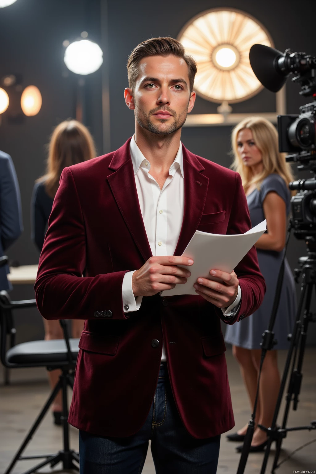 A man in a maroon blazer and white shirt holds a piece of paper in a studio setting.