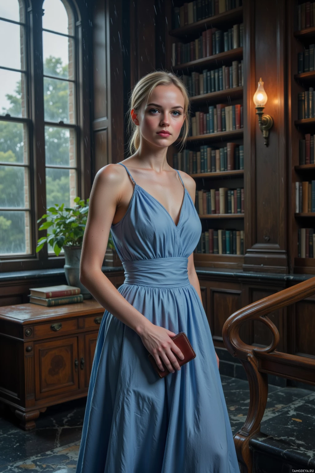 A woman in a blue dress stands in a library with bookshelves and a rain-soaked window.