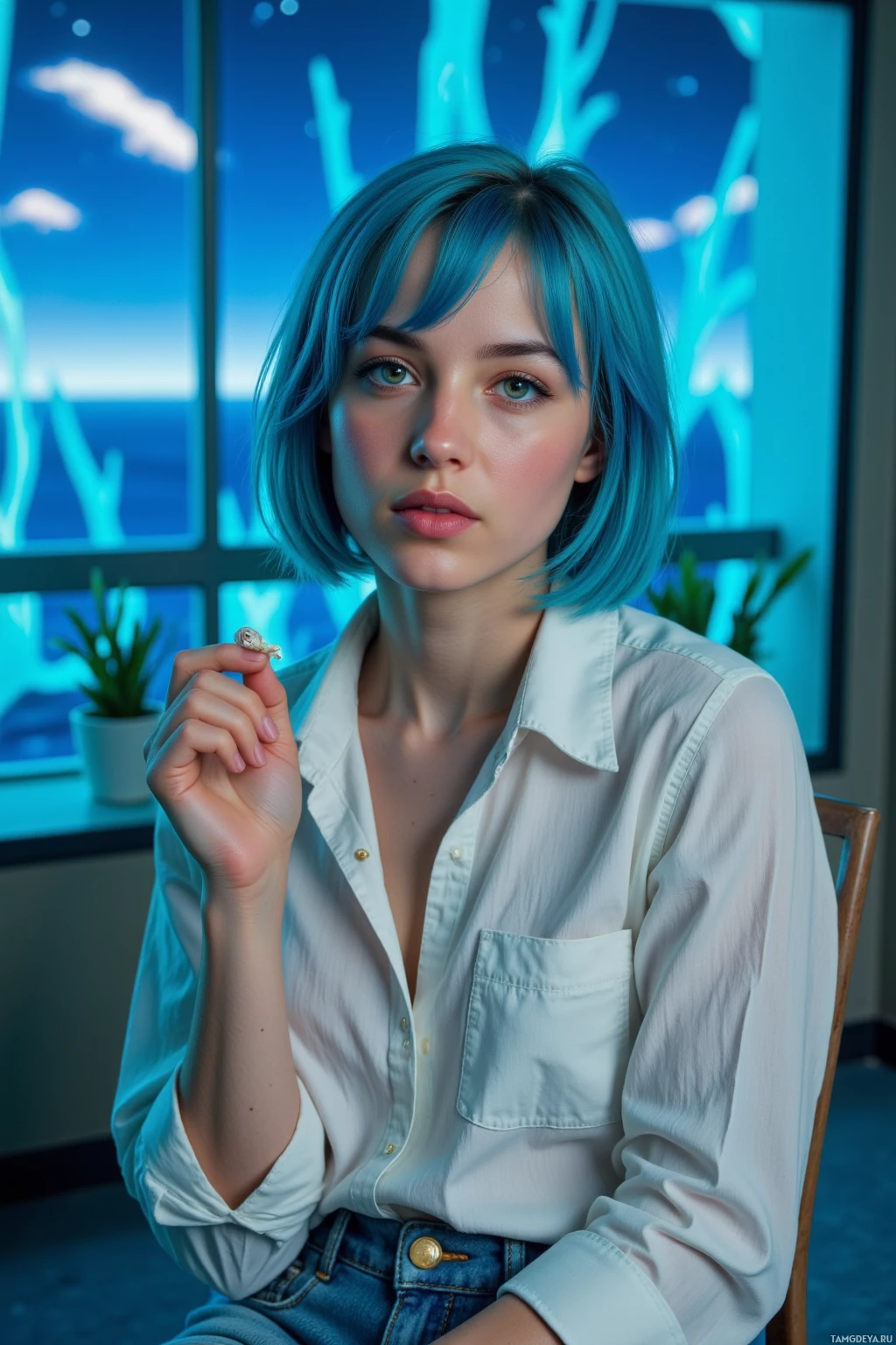A person with blue hair sits in a chair, holding a small object in their hand, against a backdrop of a window with a blue-toned view.