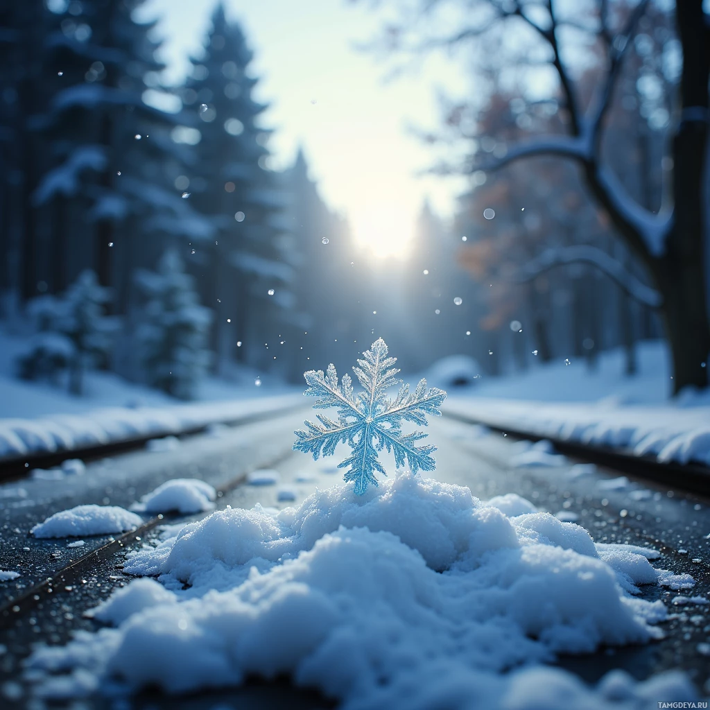 A snowflake stands on a snowy surface with a forest and sunlight in the background.