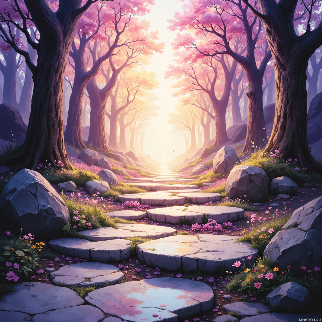A serene forest path lined with pink blossoms and stone steps leads towards a bright, glowing horizon.