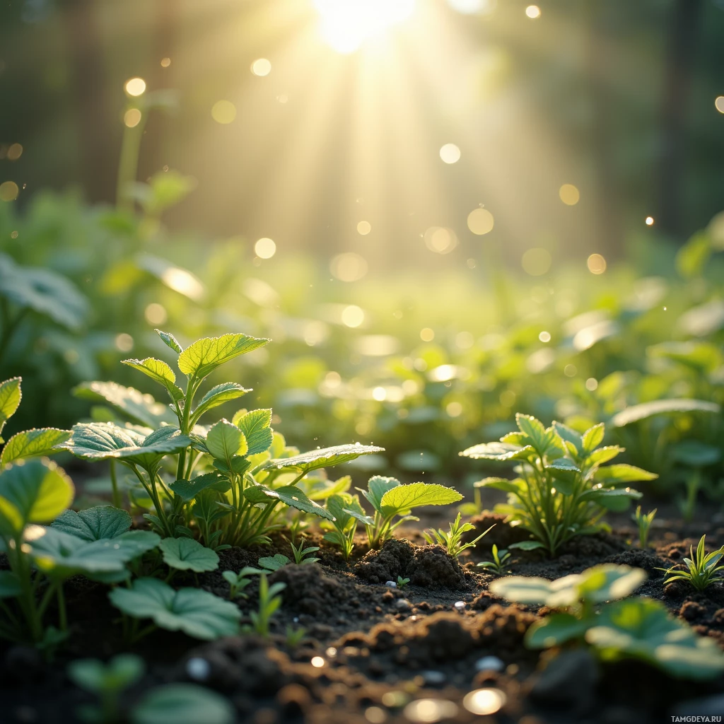 Sunlit green plants growing in soil with soft sunlight filtering through.