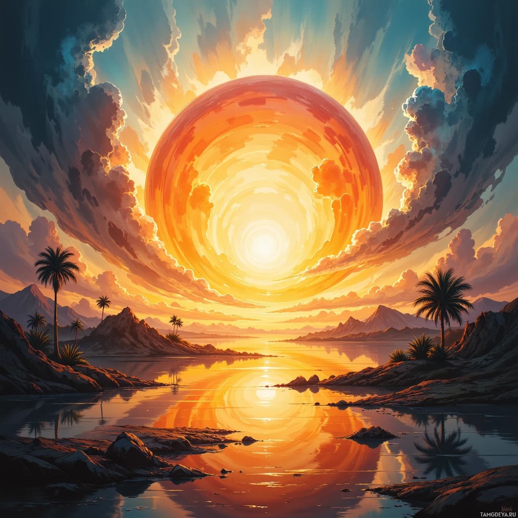 A vibrant sunset scene with a large sun, dramatic clouds, palm trees, and a calm body of water reflecting the sky.