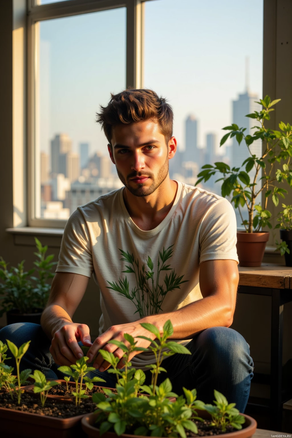 A man sits by a window with a cityscape view, surrounded by potted plants.