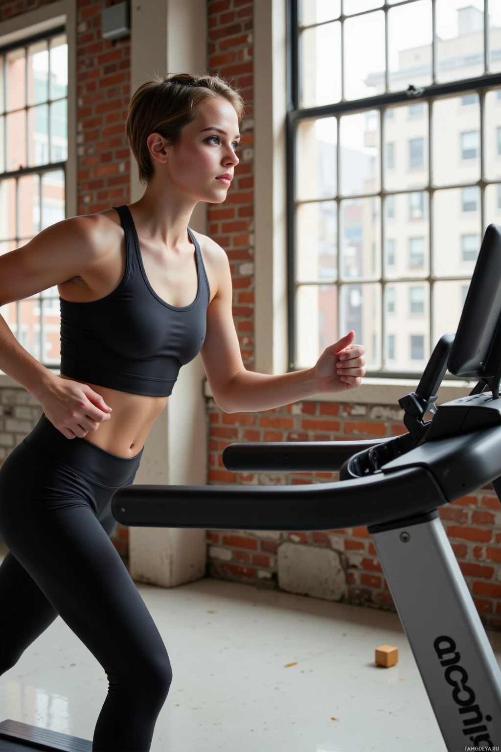 A woman is running on a treadmill in a gym with large windows.