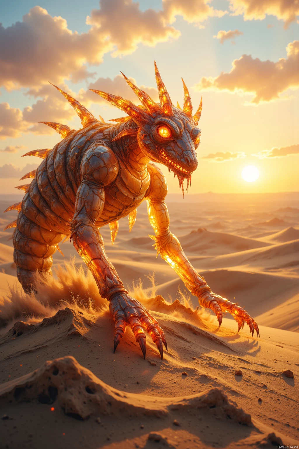 A fiery, scaly creature with glowing eyes and sharp claws stands in a desert at sunset.