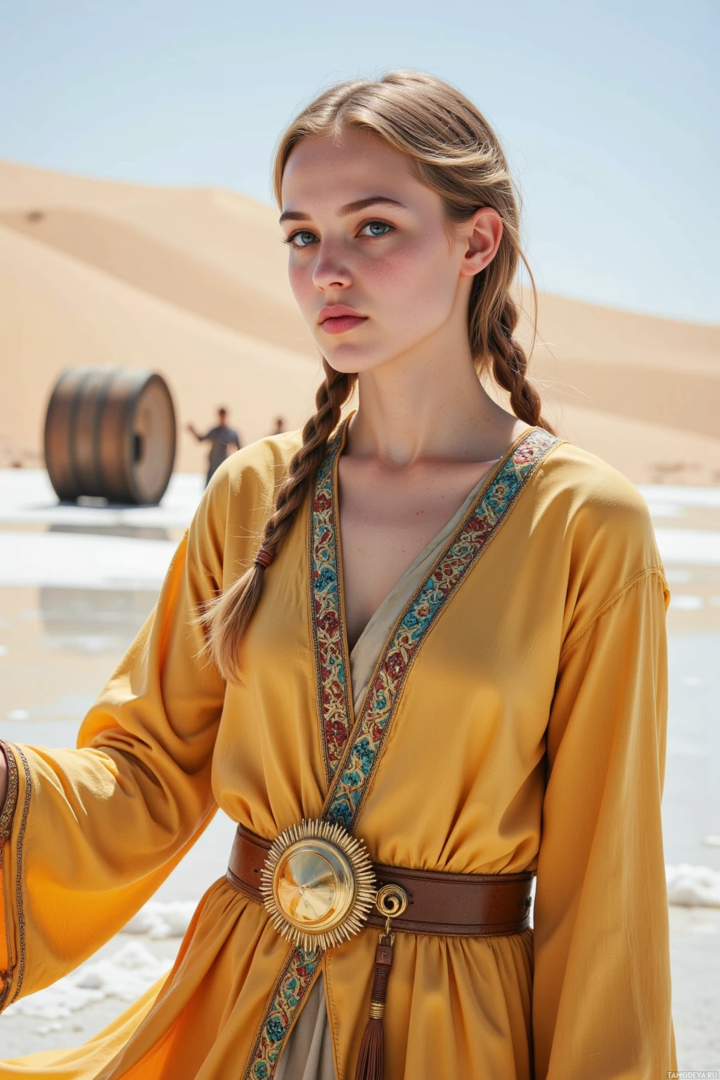 A person in a yellow dress with a decorative belt stands in a desert setting.