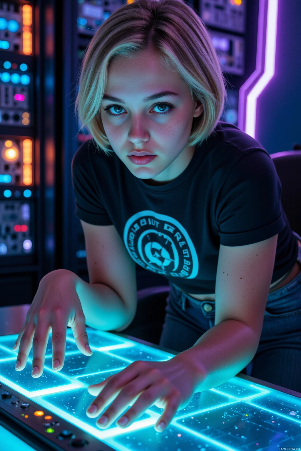 A person in a dark t-shirt leans forward, interacting with a glowing, futuristic interface.