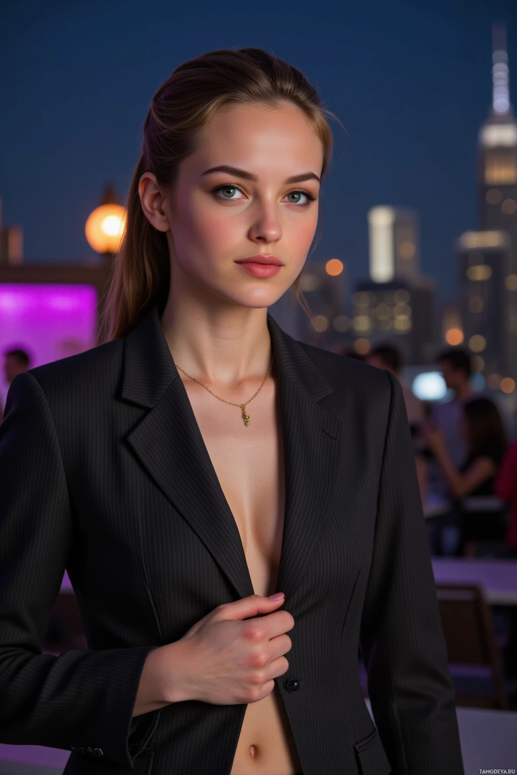 A woman in a black suit jacket stands against a cityscape backdrop at dusk.