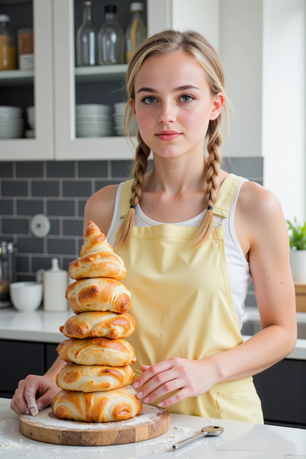 A person in a kitchen wearing an apron, holding a stack of freshly baked pastries.