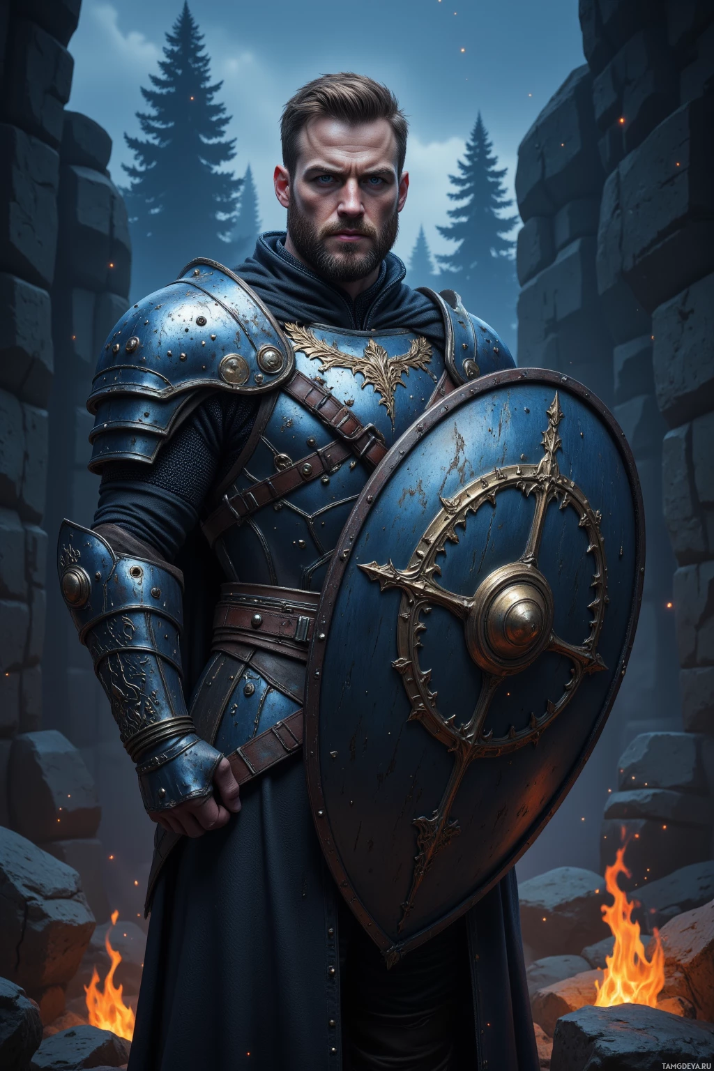 A knight in blue armor stands in front of a stone wall with a shield, surrounded by a forest and a fire.
