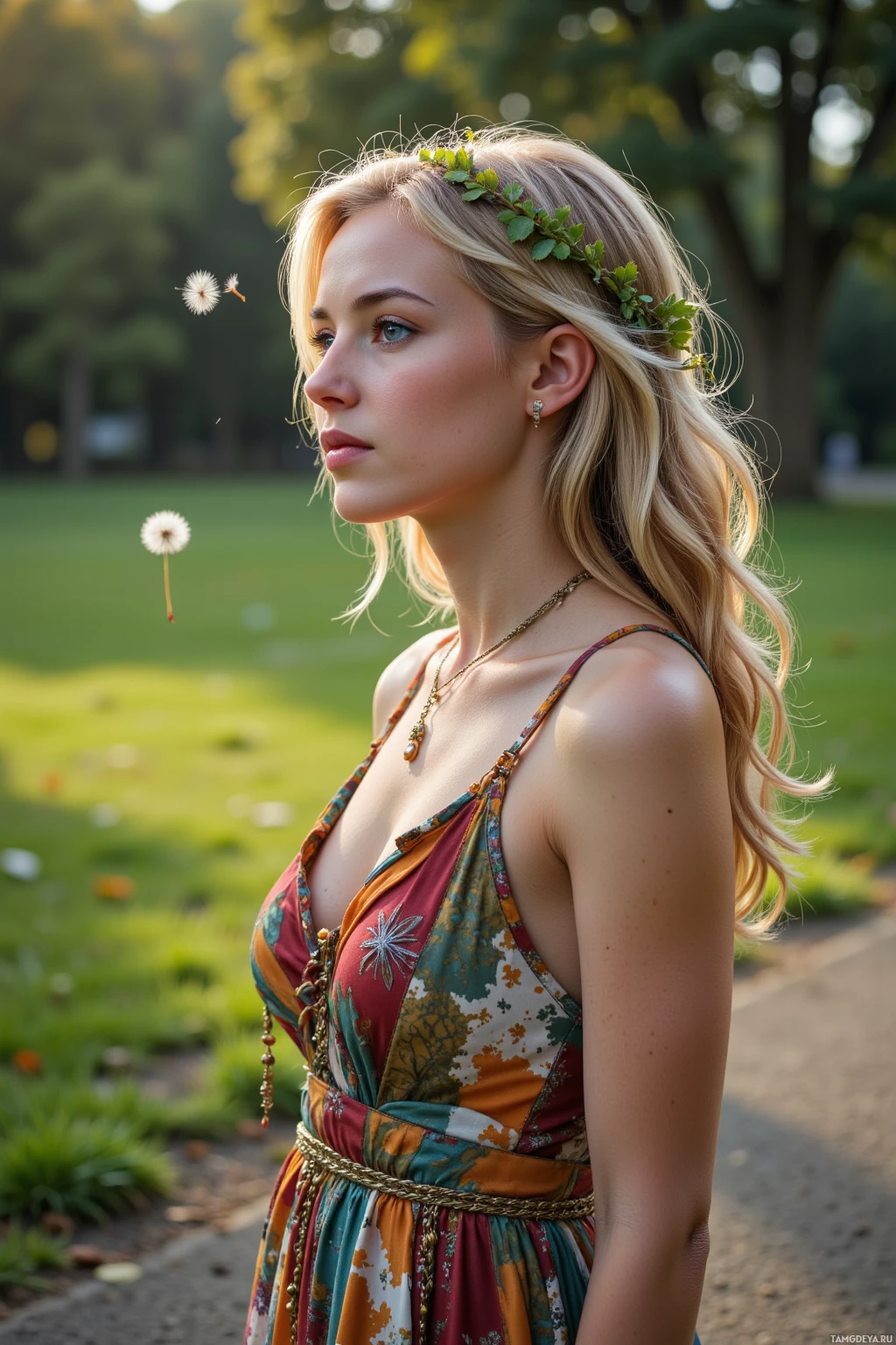 A woman in a floral dress stands in a park with a dandelion in the air.