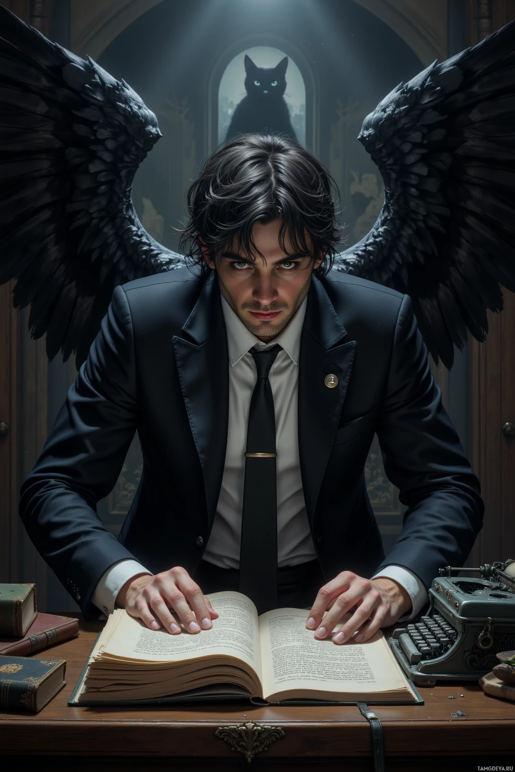 A man with wings sits at a desk, reading an open book.