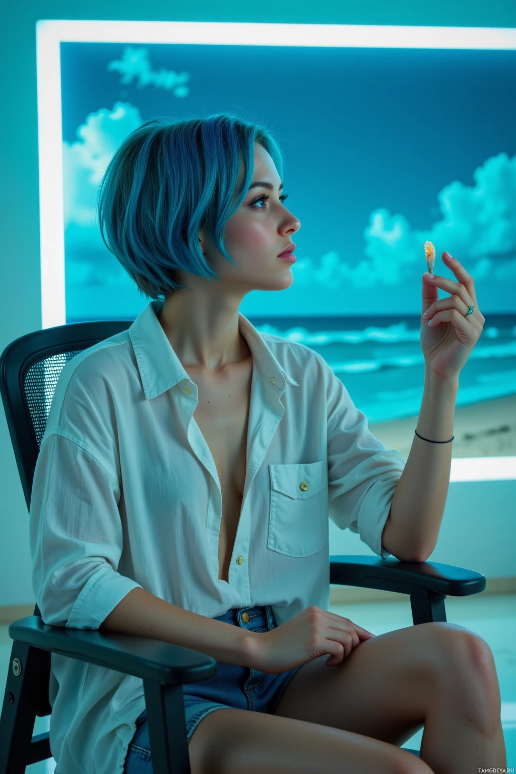 A person with blue hair sits in a chair, holding a lit match, with a blue-toned background featuring a cloud-like pattern.