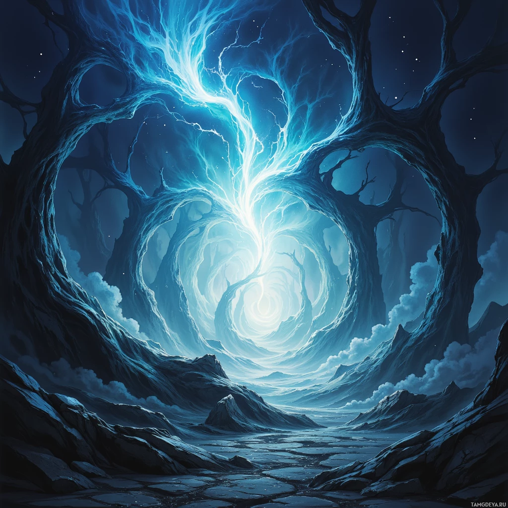 A mystical, ethereal landscape featuring a glowing, swirling light at the center, surrounded by dark, twisted trees and rugged, icy terrain under a starry night sky.