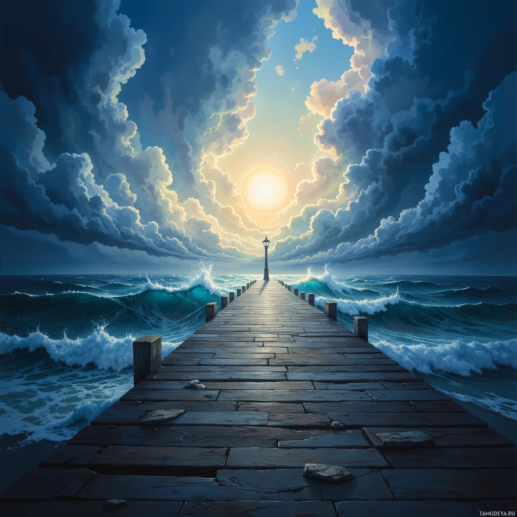 A serene pier extends into the ocean under a dramatic sky with clouds and sunlight.