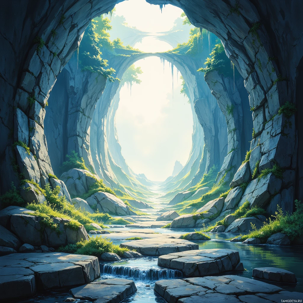 A serene, sunlit cave entrance with a flowing stream and lush greenery.
