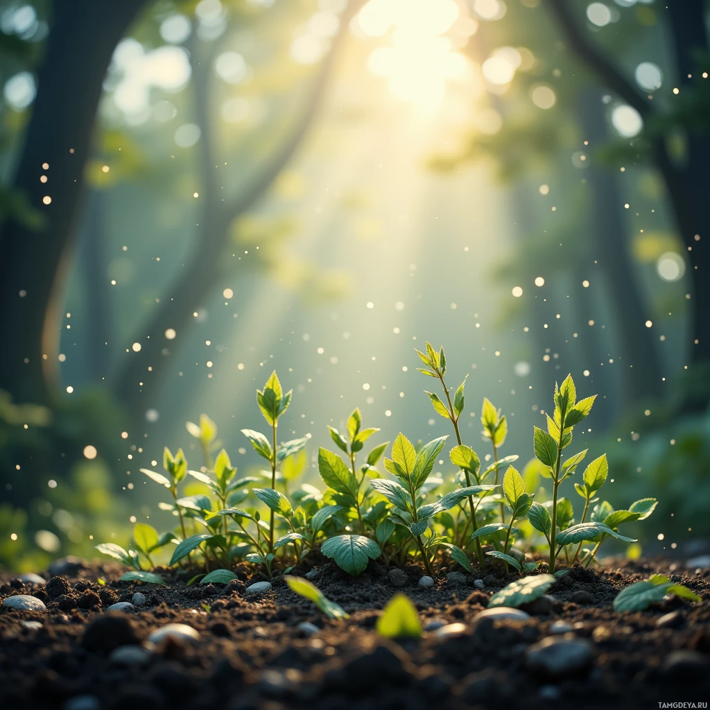 A close-up of young green plants growing in soil with sunlight filtering through trees in the background.