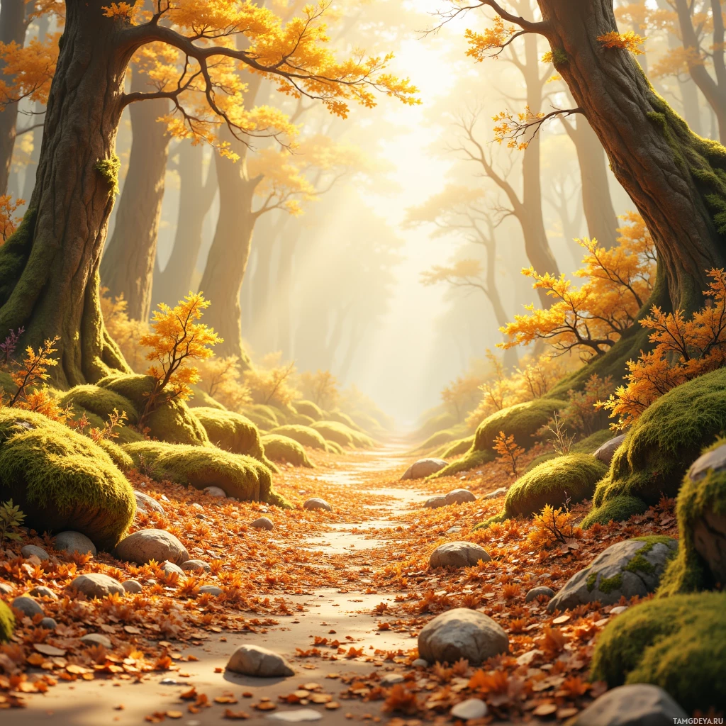 A serene autumn forest path lined with golden leaves and moss-covered rocks.