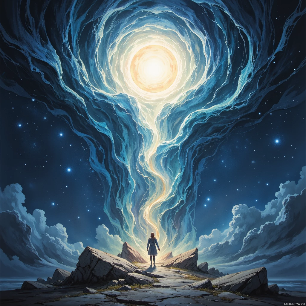 A person stands at the edge of a rocky path, gazing up at a glowing, ethereal portal in the night sky.