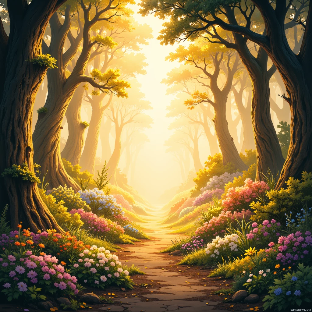 A serene forest path lined with vibrant flowers and tall trees bathed in golden sunlight.
