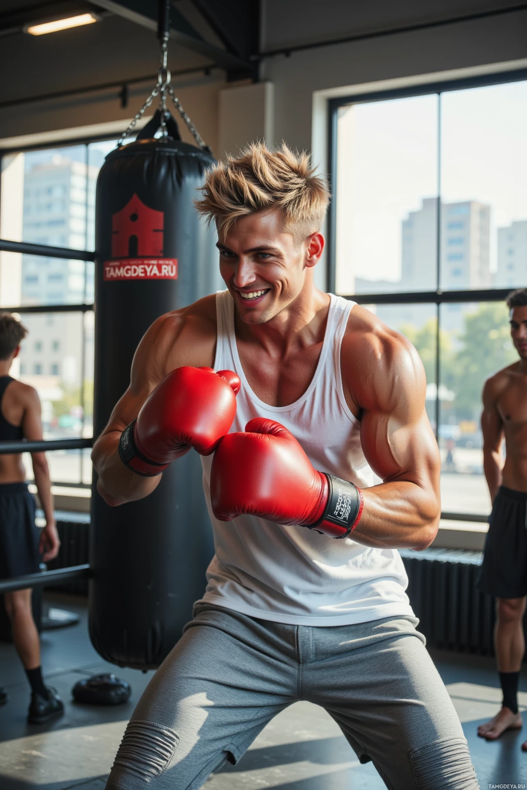 A man in a gym wearing boxing gloves and a white tank top is preparing to punch a heavy bag.