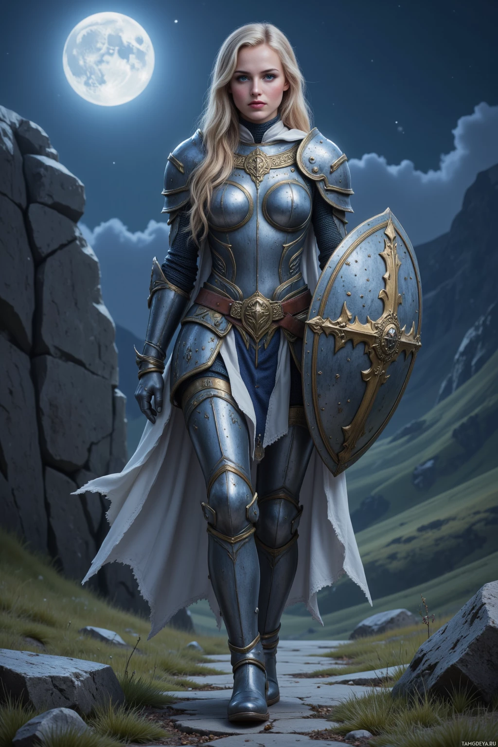 A woman in detailed medieval armor stands on a path under a full moon.