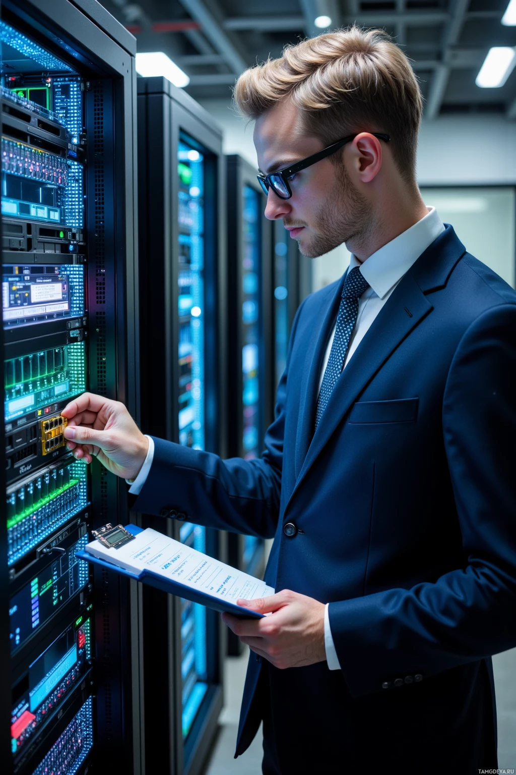 A man in a suit is inspecting a server rack in a data center.
