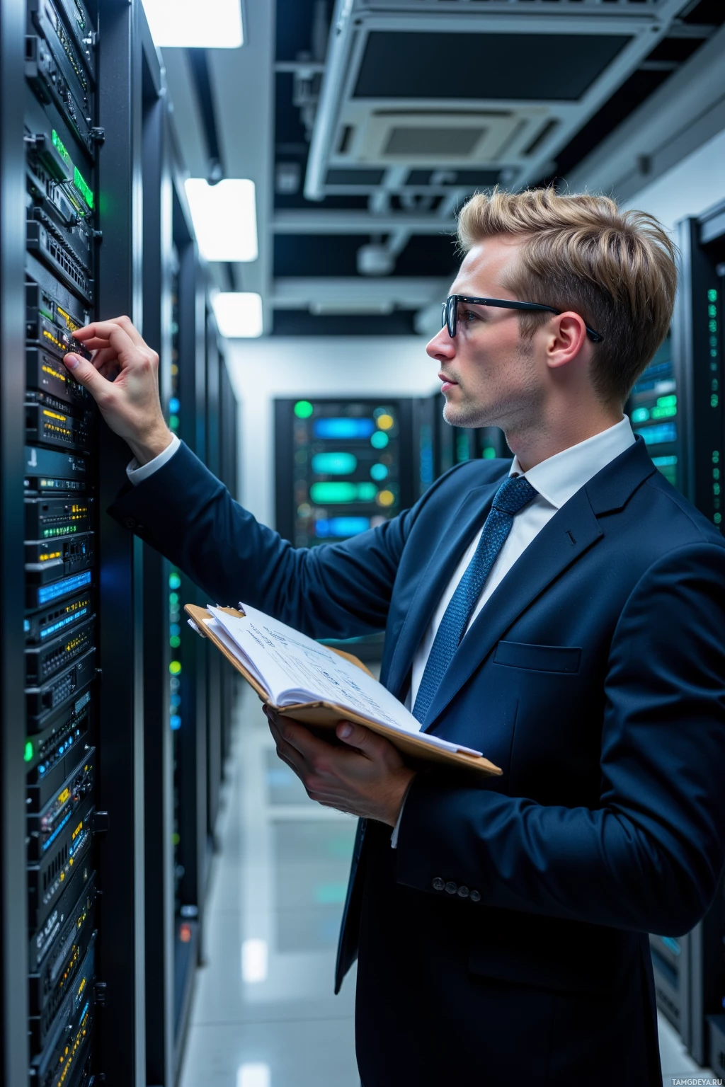A man in a suit is inspecting server equipment in a data center.