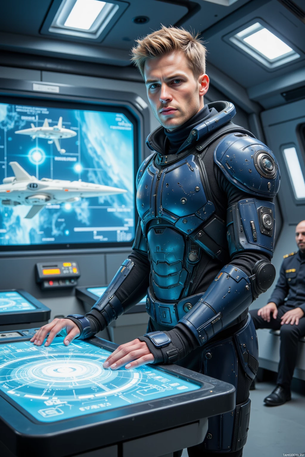 A person in futuristic armor operates a high-tech control panel in a spacecraft.