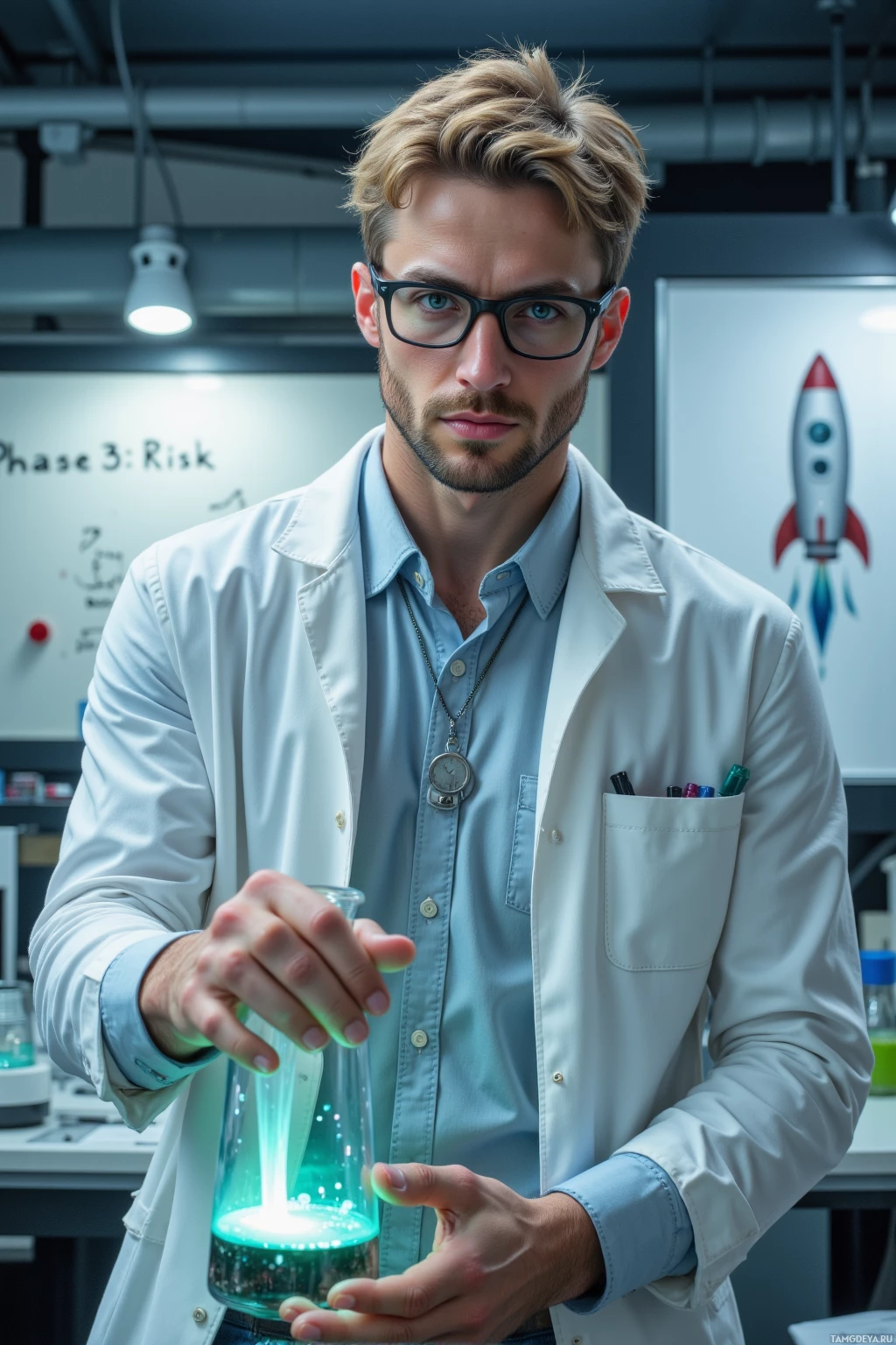 A scientist in a lab coat holds a glowing beaker in a laboratory setting.