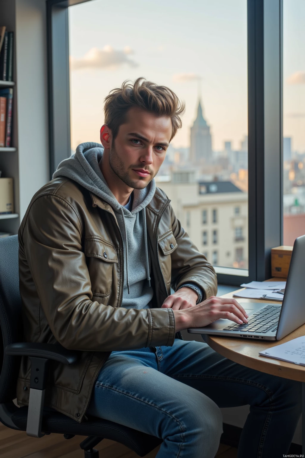 A man in a jacket and hoodie sits at a desk, working on a laptop with a cityscape visible through the window behind him.