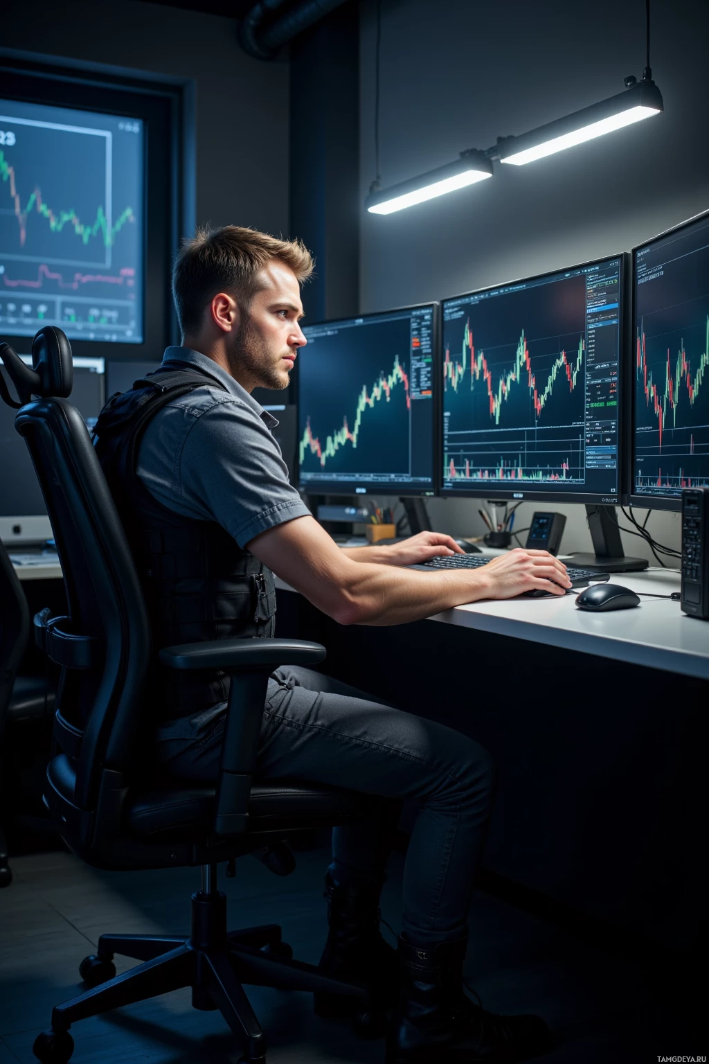 A person is seated at a desk working on a computer with multiple monitors displaying financial charts.